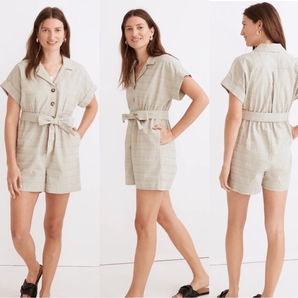 Madewell Seersucker Camp Romper in Sage Green - Small